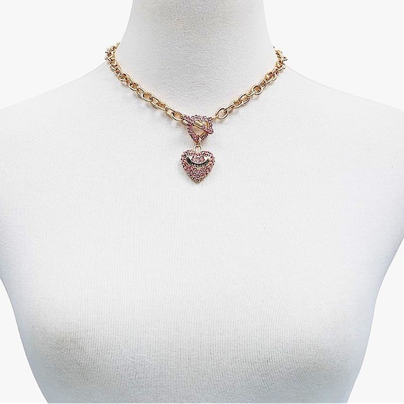 JUICY COUTURE PINK HEART PAVE Chain Link Necklace Pinkish-Gold 💞💎🎅🎀✨ - Picture 4 of 7